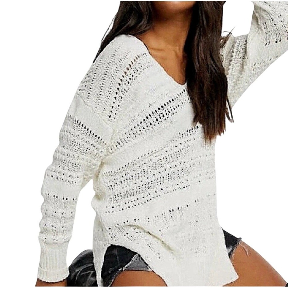 Free People Ivory Open Knit V-Neck Sweater Oversized Side Slit Pullover Large
